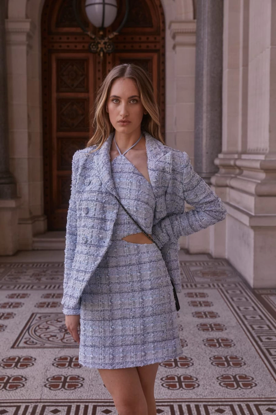 "Bardot Women's Blue Bouclé Blazer – Elegant Tailored Boucle Jacket"