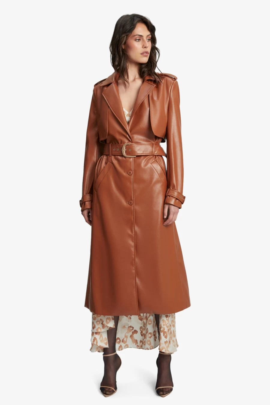 Bardot Women's Tan Vegan Leather Trench Coat – Sustainable Fashion Outerwear