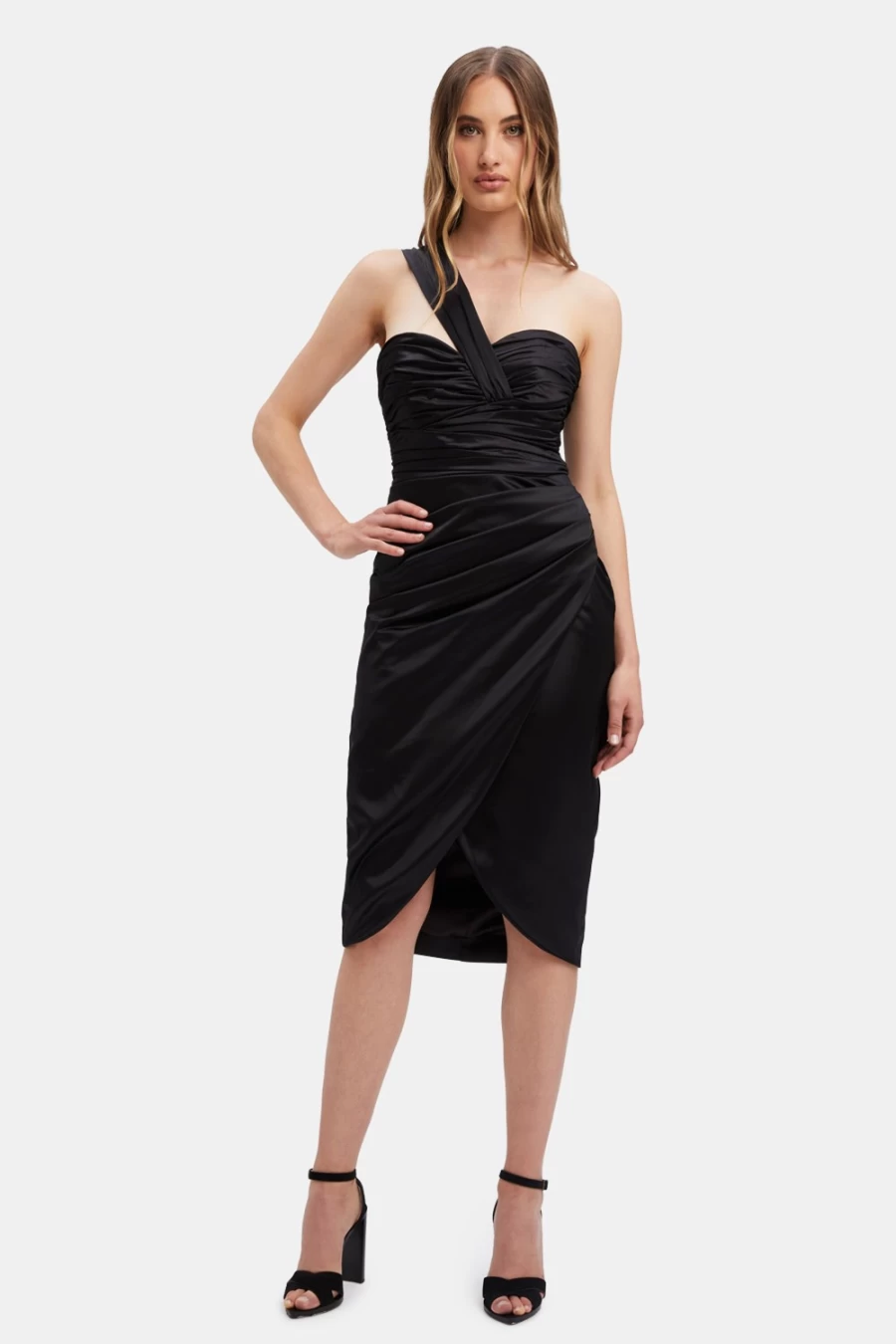 Bardot Women's Black Veda Drape Midi Dress - Elegant Knee-Length Dress for Women