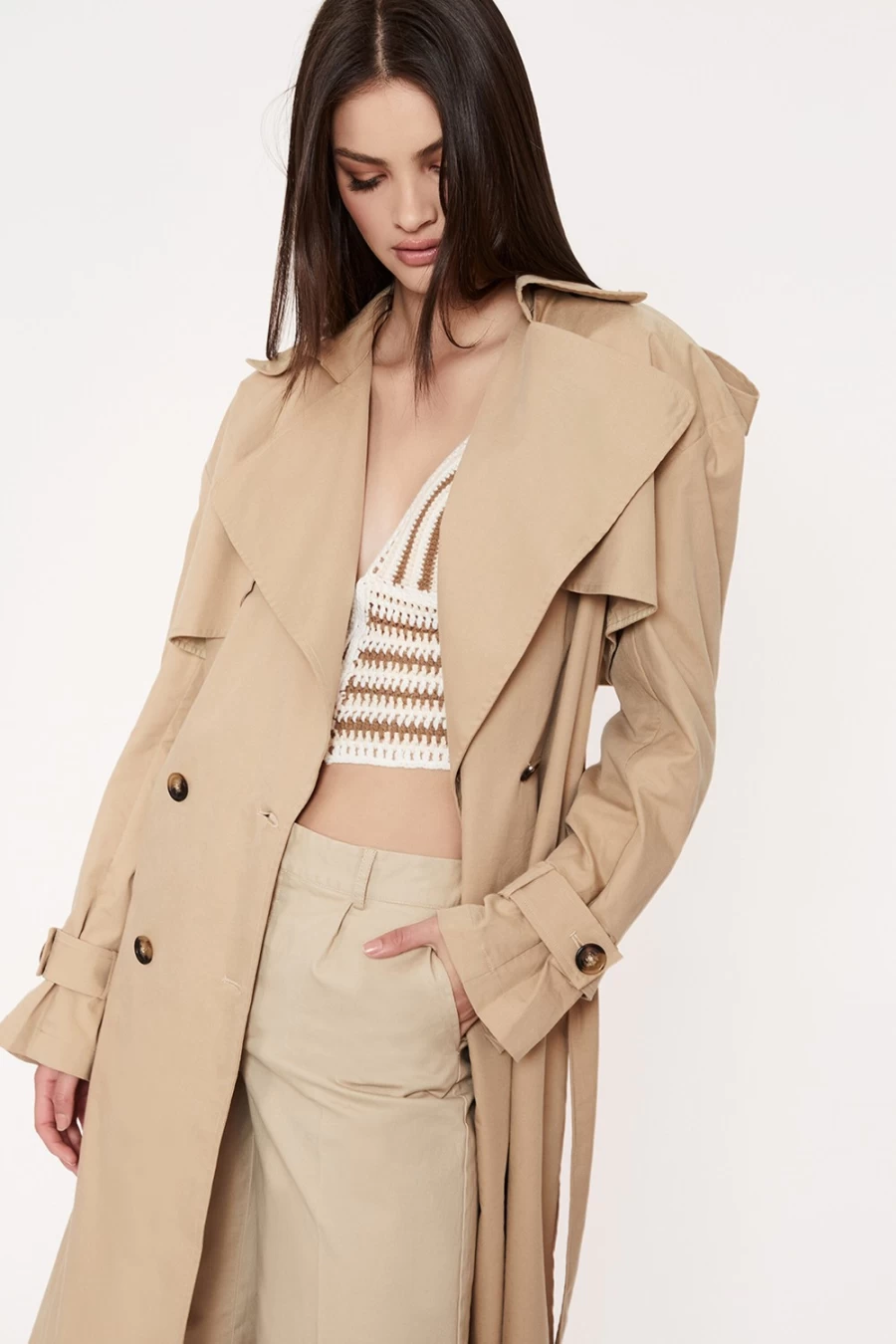 Bardot Women's Tan Oversized Trench Coat - Classic Longline Waterproof Jacket