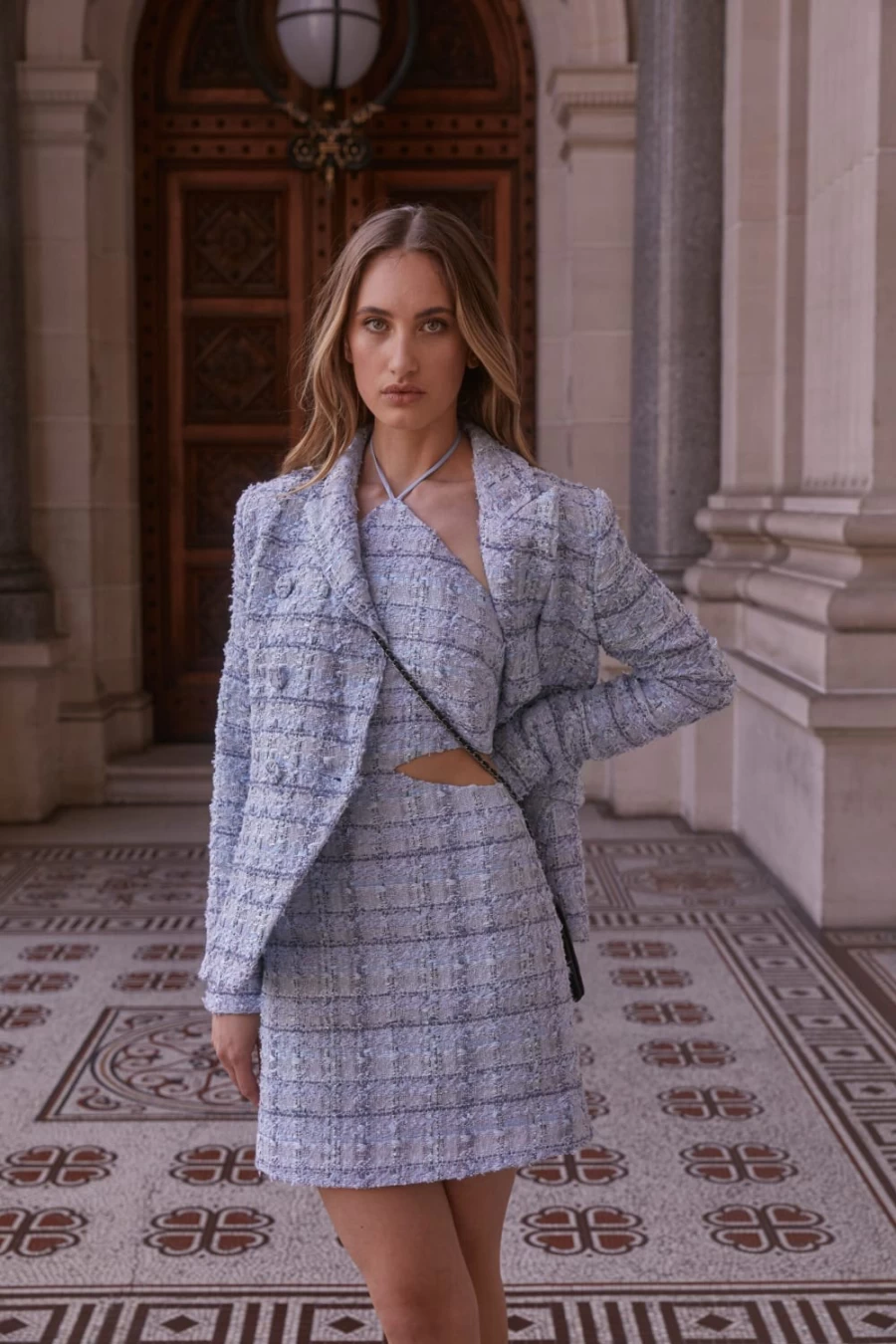 "Bardot Women's Blue Bouclé Blazer – Stylish Tailored Boucle Jacket for Women"