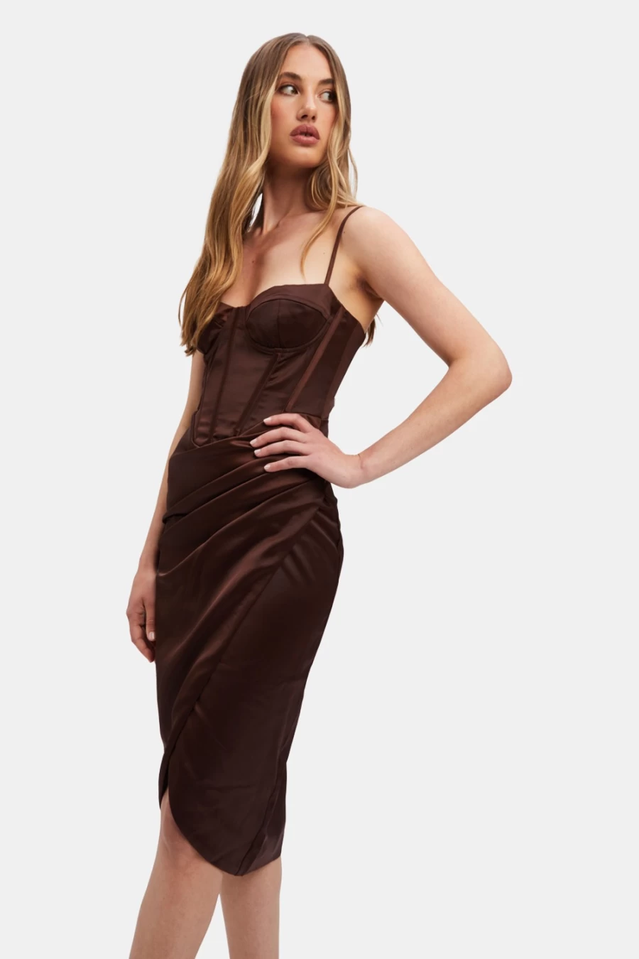 Bardot Women's Luminary Midi Corset Dress in Chocolate - Elegant Tapered Waist Style